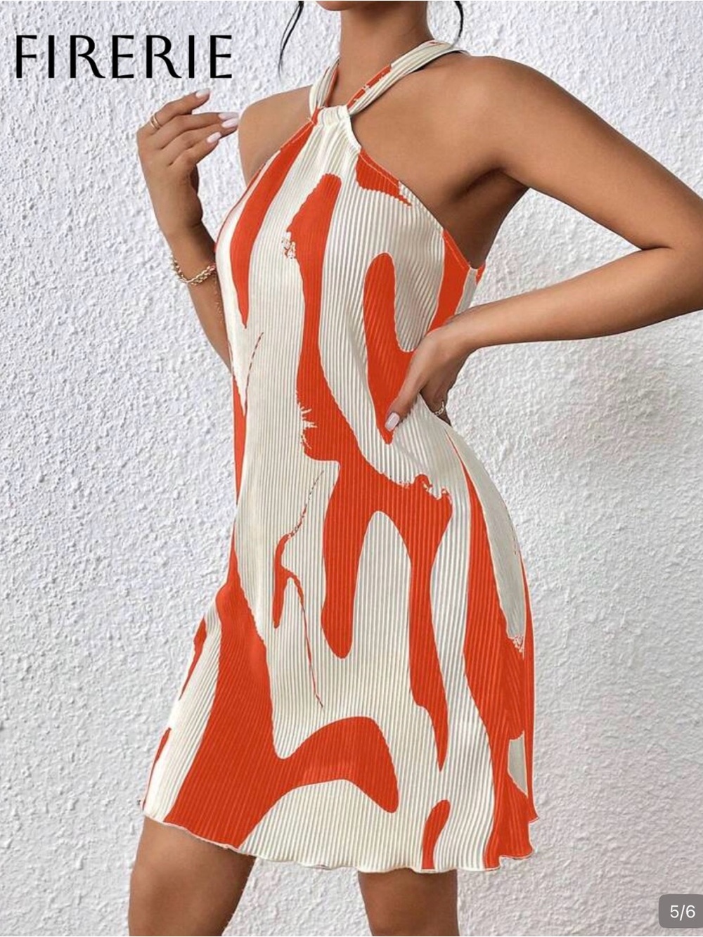 Orange and White Halter Pleated Mini Dress